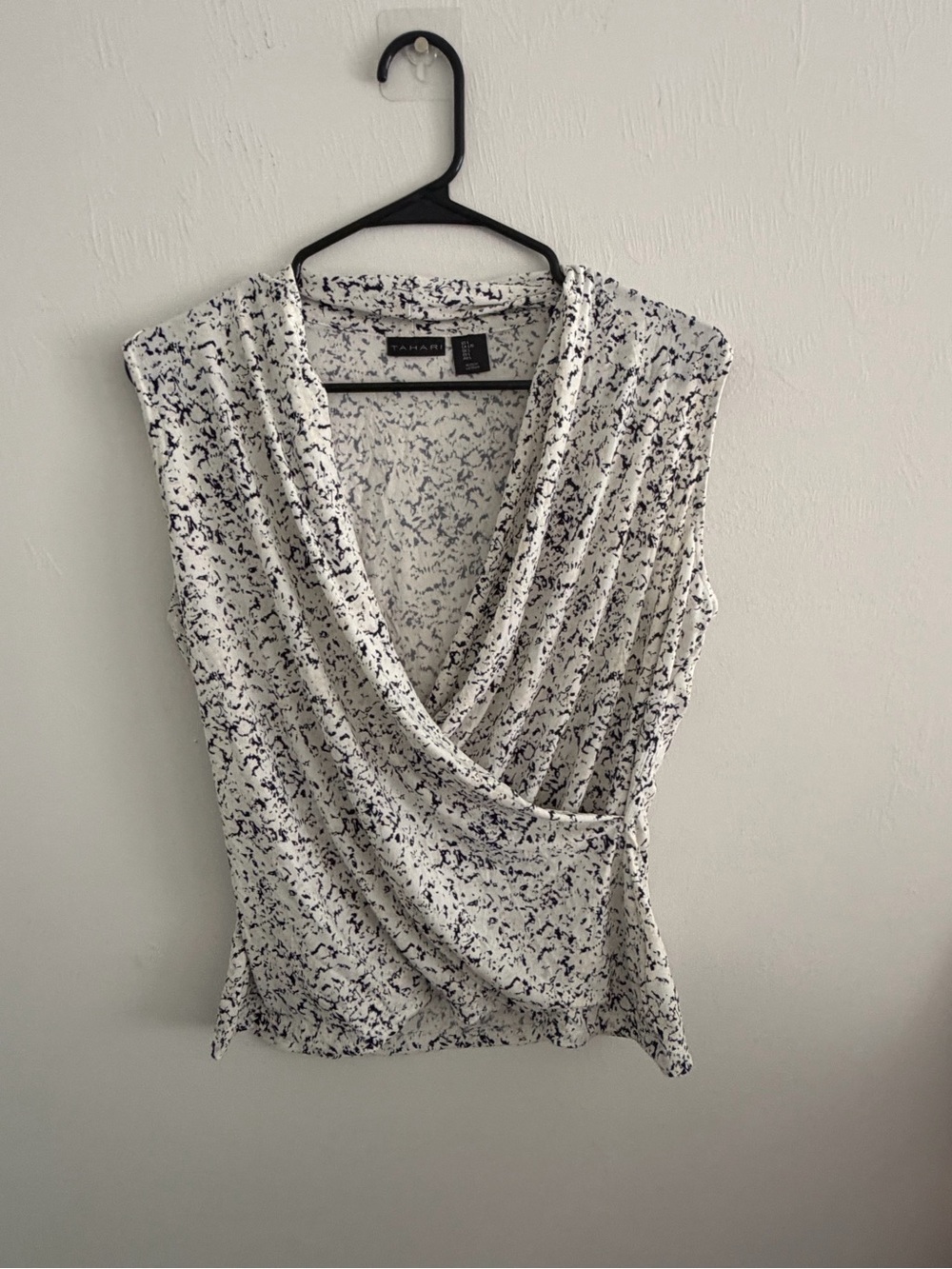 Tahari White Sleeveless Wrap-Front Camisole with Black Speckle Print